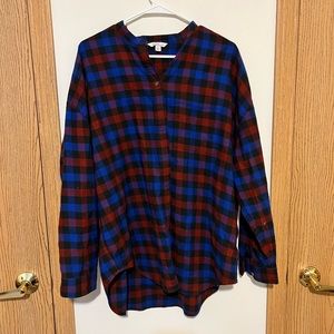 LL Bean Signature Long Sleeve Collarless Plaid Button Up Shirt Size Large